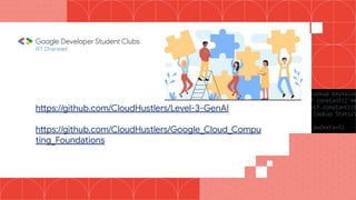 IIIT Dharwad
https://github.com/CloudHustlers/Level-3-GenAI
https://github.com/CloudHustlers/Google_Cloud_Compu
ting_Foundations
 