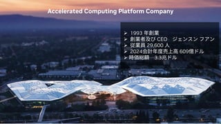 ? 1993 ꄓI
? I߼ CEO 󥹥 ե
? IT 29,600 
? 2024Ӌȉϸ 609|ɥ
? rt~ 3.3ץɥ
Accelerated Computing Platform Company
 