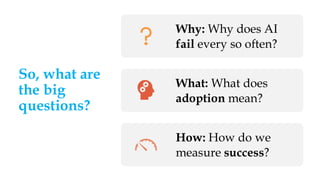 So, what are
the big
questions?
Why: Why does AI
fail every so often?
What: What does
adoption mean?
How: How do we
measure success?
 