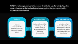 kehitetään
ymmärrystä siitä,
miten tekoäly ja sen
muovaava maailma
toimii
tuetaan valmiuksia itse
keksiä ja yhdessä
kehittää tekoälyyn
perustuvia sovelluksia
sekä uusia
innovaatioita
kehitetään kykyä
tarkastella kriittisesti
tekoälyyn perustuvien
teknologioiden taustoja,
käyttötarkoituksia sekä
vaikutuksia
TAVOITE : tukea lapsia ja nuoria kasvamaan tietoisiksi ja luoviksi toimijoiksi, jotka
haluavat ja voivat aktiivisesti vaikuttaa tulevaisuuden rakentamiseen tekoälyn
muovaamassa maailmassa
 