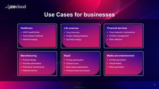 Public Information
Use Cases for businesses
2
11
▪ AWS HealthScribe
▪ Personalized medicine
▪ Medical Imaging
Healthcare
▪ Drug discovery
▪ Protein folding prediction
▪ Synthetic biology
Life sciences
▪ Fraud detection mechanisms
▪ Portfolio management
▪ Debt collection
Financial services
▪ Product design
▪ Process optimization
▪ Preventive maintenance
▪ Material science
Manufacturing
▪ Pricing optimization
▪ Virtual try-ons
▪ Store layout optimization
▪ Product review summaries
Retail
▪ Content generation
▪ Virtual Reality
▪ News generation
Media and entertainment
 