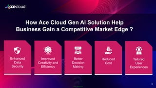 Public Information
2
14
How Ace Cloud Gen AI Solution Help
Business Gain a Competitive Market Edge ?
Enhanced
Data
Security
Improved
Creativity and
Efficiency
Better
Decision
Making
Reduced
Cost
Tailored
User
Experiences
 