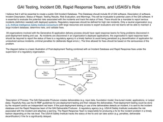 GAI Testing, Incident DB, Rapid Response Teams, and USAISI’s Role
I believe that it will be essential to create a public GAI Incident Database. This Database should include ID of GAI software, Description of software,
Incident Description, Status of Repair, Testing Results, Risk Evaluation, and Warnings. This will be invaluable to potential users of the GAI software. It
is essential to evaluate the potential risks associated with the incidents and track the status of
fi
xes. There should be a mandate to report serious
incidents (de
fi
nition needed) with deployed systems. Regulatory responses should be de
fi
ned for high risk incidents. Only a neutral organization (e.g.
U.S. Arti
fi
cial Intelligence Safety Institute Consortium) with large resources and access to expert evaluators and red teams will be able to maintain a
large incident database, determine risks, and validate
fi
xes.
All organizations involved with the Generative AI application delivery process should have rapid response teams for
fi
xing problems discovered in
post-deployment testing and use. As incidents are discovered in an organization’s deployed applications, the organization’s rapid response team
should be required to report the status of
fi
xes to a regulatory agency in a timely fashion to avoid being penalized (e.g decerti
fi
cation of application for
unresolved serious incidents, criminal penalties for deliberate illegal errors ). The time allowed for
fi
xes should be based on the seriousness of the
problem.
The diagram below is a basic illustration of Post-deployment Testing combined with an Incident Database and Rapid Response
fi
xes under the
supervision of a regulatory organization.
Description of Process: The GAI Deliverable Producer creates deliverables (e.g. input data, foundation model,
fi
ne-tuned model, applications, or output
data). Hopefully they use the AI RMF guidelines for pre-deployment testing and then release the deliverables. Post-deployment testing could be done
by the recipient and/or an independent red team. If the post-deployment testing or use of the deliverables detects an incident, it is sent to the incident
database and the Rapid Response team of the GAI Deliverable Producer. A regulatory agency (e.g. USA AI Safety Institute) evaluates the risk
associated with the incident and attaches a warning. The Rapid Response Team is responsible for producing a
fi
x for the incident problem in a timely
fashion depending on the risk level. The USA AI Safety Institute tracks the status of the
fi
x and can take action (e.g. penalties, deliverable
decerti
fi
cation) if the
fi
x is signi
fi
cantly delayed.
 