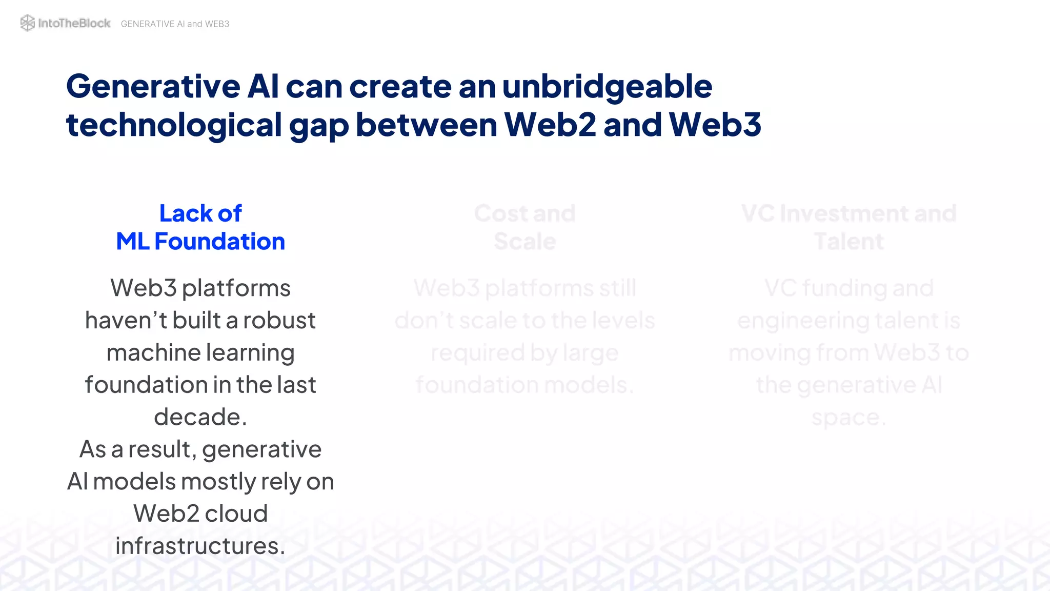 GENERATIVE AI and WEB3
Lack of
ML Foundation
Web3 platforms
haven’t built a robust
machine learning
foundation in the last
decade.
As a result, generative
AI models mostly rely on
Web2 cloud
infrastructures.
Generative AI can create an unbridgeable
technological gap between Web2 and Web3
Cost and
Scale
Web3 platforms still
don’t scale to the levels
required by large
foundation models.
VC Investment and
Talent
VC funding and
engineering talent is
moving from Web3 to
the generative AI
space.
 