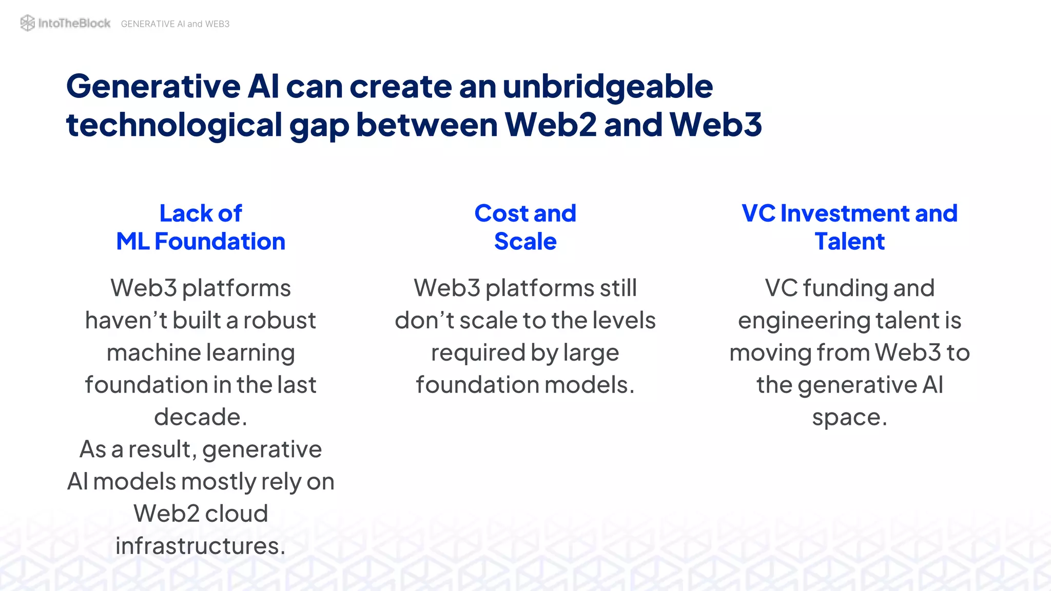 GENERATIVE AI and WEB3
Lack of
ML Foundation
Web3 platforms
haven’t built a robust
machine learning
foundation in the last
decade.
As a result, generative
AI models mostly rely on
Web2 cloud
infrastructures.
Cost and
Scale
Web3 platforms still
don’t scale to the levels
required by large
foundation models.
VC Investment and
Talent
VC funding and
engineering talent is
moving from Web3 to
the generative AI
space.
Generative AI can create an unbridgeable
technological gap between Web2 and Web3
 