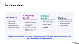 [Confidential]
Recommendation
Foundation
Consuming
GenAI Controls
Building
GenAI
• Build custom GenAI
applications securely
with LLM built-in
security and safety
guardrails
• Sensitive prompt filtering
• Content safety filters
• Prompt injection
detection
• Block sensitive
information from being
used in unapproved
GenAI Apps.
• Consume secured and
approved web- or SaaS-
delivered GenAI
• Cloud Security
• Data Security
• Application Security
• GenAI-specific security
control
Embrace a continuous learning mindset to stay up-to-date on the young and fast-
evolving field of GenAI Security
 