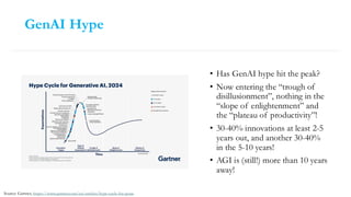 GenAI Hype
• Has GenAI hype hit the peak?
• Now entering the “trough of
disillusionment”, nothing in the
“slope of enlightenment” and
the “plateau of productivity”!
• 30-40% innovations at least 2-5
years out, and another 30-40%
in the 5-10 years!
• AGI is (still!) more than 10 years
away!
Source: Gartner, https://www.gartner.com/en/articles/hype-cycle-for-genai
 
