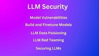 LLM Security
Model Vulnerabilities
Build and Finetune Models
LLM Red Teaming
Securing LLMs
LLM Data Poisioning
 