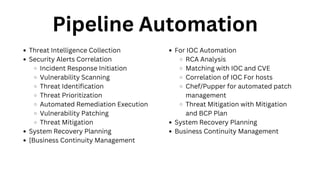 Pipeline Automation
Threat Intelligence Collection
Security Alerts Correlation
Incident Response Initiation
Vulnerability Scanning
Threat Identification
Threat Prioritization
Automated Remediation Execution
Vulnerability Patching
Threat Mitigation
System Recovery Planning
[Business Continuity Management
For IOC Automation
RCA Analysis
Matching with IOC and CVE
Correlation of IOC For hosts
Chef/Pupper for automated patch
management
Threat Mitigation with Mitigation
and BCP Plan
System Recovery Planning
Business Continuity Management
 
