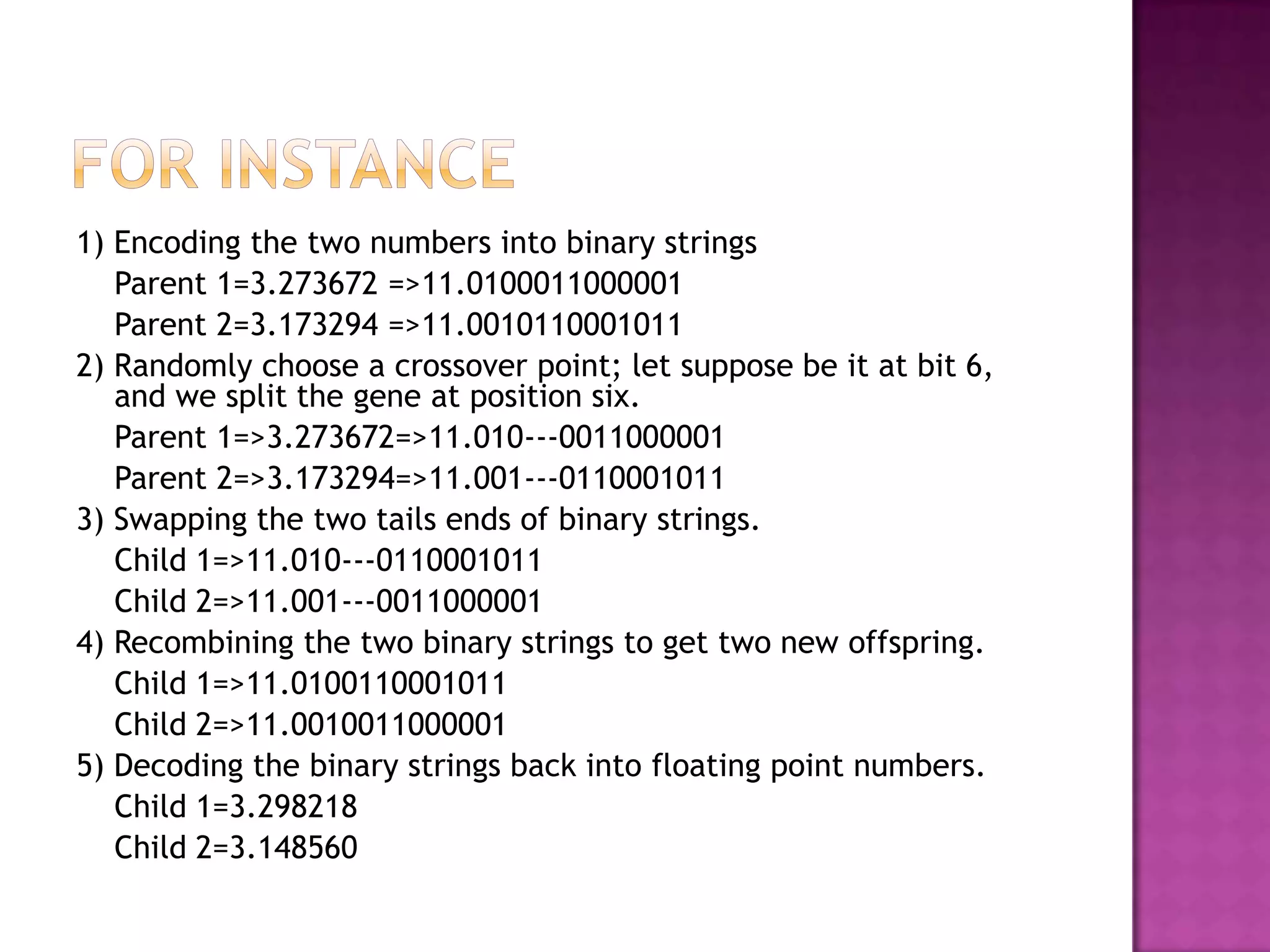 1) Encoding the two numbers into binary strings
   Parent 1=3.273672 =>11.0100011000001
   Parent 2=3.173294 =>11.0010110001011
2) Randomly choose a crossover point; let suppose be it at bit 6,
   and we split the gene at position six.
   Parent 1=>3.273672=>11.010---0011000001
   Parent 2=>3.173294=>11.001---0110001011
3) Swapping the two tails ends of binary strings.
   Child 1=>11.010---0110001011
   Child 2=>11.001---0011000001
4) Recombining the two binary strings to get two new offspring.
   Child 1=>11.0100110001011
   Child 2=>11.0010011000001
5) Decoding the binary strings back into floating point numbers.
   Child 1=3.298218
   Child 2=3.148560
 