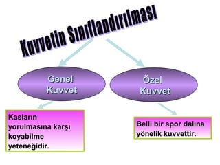 Genel      Özel
          Kuvvet     Kuvvet

Kasların
yorulmasına karşı   Belli bir spor dalına
koyabilme           yönelik kuvvettir.
yeteneğidir.
 