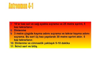 7 10’ar kez sol ve sağ ayakta sıçrama ve 25 metre sprint, 5
   kez tekrarlanır.
8 Dinlenme
9 3 metre çizgide kayma adımı sıçrama ve tekrar kayma adımı
   sıçrama. Bu seri üç kez yapılarak 30 metre sprint atılır. 5
   kez tekrarlanır.
10 Dinlenme ve cimnastik yaklaşık 5-10 dakika
11 İkinci seri ve bitiş.
 