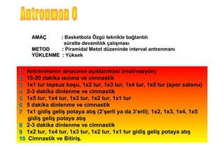 AMAÇ     : Basketbola Özgü teknikle bağlantılı
               süratte devamlılık çalışması
     METOD    : Piramidal Metot düzeninde interval antrenmanı
     YÜKLENME : Yüksek


1  Antrenmanın amacının açıklanması (motivasyon)
2  15-20 dakika ısınma ve cimnastik
3  1x1 tur topsuz koşu, 1x2 tur, 1x3 tur, 1x4 tur, 1x5 tur (spor salonu)
4  2-3 dakika dinlenme ve cimnastik
5  1x5 tur, 1x4 tur, 1x3 tur, 1x2 tur, 1x1 tur
6  5 dakika dinlenme ve cimnastik
7  1x1 gidiş geliş potaya atış (2’şerli ya da 3’erli); 1x2, 1x3, 1x4, 1x5
   gidiş geliş potaya atış
8 2-3 dakika dinlenme ve cimnastik
9 1x2 tur, 1x4 tur, 1x3 tur, 1x2 tur, 1x1 tur gidiş geliş potaya atış
10 Cimnastik ve Bitiriş.
 