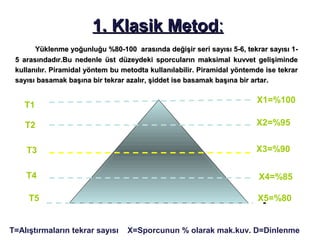 1. Klasik Metod:
       Yüklenme yoğunluğu %80-100 arasında değişir seri sayısı 5-6, tekrar sayısı 1-
 5 arasındadır.Bu nedenle üst düzeydeki sporcuların maksimal kuvvet gelişiminde
 kullanılır. Piramidal yöntem bu metodta kullanılabilir. Piramidal yöntemde ise tekrar
 sayısı basamak başına bir tekrar azalır, şiddet ise basamak başına bir artar.

                                                                         X1=%100
    T1
               D4
    T2                                                                   X2=%95
               D3
    T3                                                                   X3=%90
              D2
    T4                                                                    X4=%85
               D1
     T5                                                                  X5=%80


T=Alıştırmaların tekrar sayısı    X=Sporcunun % olarak mak.kuv. D=Dinlenme
 