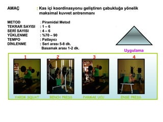 AMAÇ            : Kas içi koordinasyonu geliştiren çabukluğa yönelik
                  maksimal kuvvet antrenmanı

METOD            : Piramidal Metod
TEKRAR SAYISI    :1–6                             %90x1
SERİ SAYISI      :4–6
                                                  %80x3
YÜKLENME         : %70 – 90
                                                  %75x4
TEMPO            : Patlayıcı
                                                  %70x6
DİNLENME         : Seri arası 5-8 dk.
                  Basamak arası 1-2 dk.
                                                            Uygulama
       1                  2                   3                  4




   YARIM SQUAT        BENCH PRESS         PARMAK UCU       ENSE PRESS
 