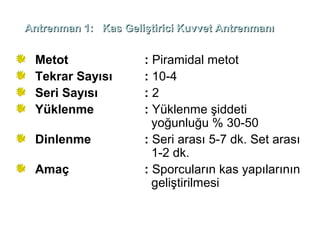 Antrenman 1: Kas Geliştirici Kuvvet Antrenmanı


 Metot                : Piramidal metot
 Tekrar Sayısı        : 10-4
 Seri Sayısı          :2
 Yüklenme             : Yüklenme şiddeti
                        yoğunluğu % 30-50
 Dinlenme             : Seri arası 5-7 dk. Set arası
                        1-2 dk.
 Amaç                 : Sporcuların kas yapılarının
                        geliştirilmesi
 