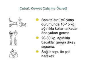 Çabuk Kuvvet Çalışma Örneği


            Bankta sırtüstü yatış
            durumunda 10-15 kg
            ağırlıkla kolları arkadan
            öne yukarı germe
            20-30 kg. ağırlıkla
            bacaklar gergin dikey
            sıçrama.
            Sağlık topu ile çakı
            hareketi
 