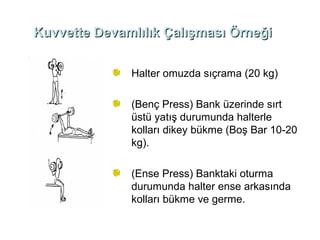 Kuvvette Devamlılık Çalışması Örneği


              Halter omuzda sıçrama (20 kg)

              (Benç Press) Bank üzerinde sırt
              üstü yatış durumunda halterle
              kolları dikey bükme (Boş Bar 10-20
              kg).

              (Ense Press) Banktaki oturma
              durumunda halter ense arkasında
              kolları bükme ve germe.
 
