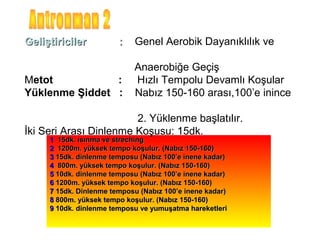 Geliştiriciler          :   Genel Aerobik Dayanıklılık ve

                            Anaerobiğe Geçiş
Metot           :           Hızlı Tempolu Devamlı Koşular
Yüklenme Şiddet :           Nabız 150-160 arası,100’e inince

                        2. Yüklenme başlatılır.
İki Seri Arası Dinlenme Koşusu: 15dk.
     1 15dk. ısınma ve streching
     2 1200m. yüksek tempo koşulur. (Nabız 150-160)
     3 15dk. dinlenme temposu (Nabız 100’e inene kadar)
     4 800m. yüksek tempo koşulur. (Nabız 150-160)
     5 10dk. dinlenme temposu (Nabız 100’e inene kadar)
     6 1200m. yüksek tempo koşulur. (Nabız 150-160)
     7 15dk. Dinlenme temposu (Nabız 100’e inene kadar)
     8 800m. yüksek tempo koşulur. (Nabız 150-160)
     9 10dk. dinlenme temposu ve yumuşatma hareketleri
 