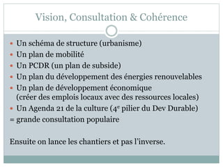 Vision, Consultation & Cohérence
 Un schéma de structure (urbanisme)
 Un plan de mobilité
 Un PCDR (un plan de subside)
 Un plan du développement des énergies renouvelables
 Un plan de développement économique
(créer des emplois locaux avec des ressources locales)
 Un Agenda 21 de la culture (4e pilier du Dev Durable)
= grande consultation populaire
Ensuite on lance les chantiers et pas l’inverse.
 