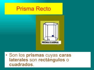 Prisma Recto Son los  prismas  cuyas  caras laterales  son  rectángulos  o  cuadrados . 