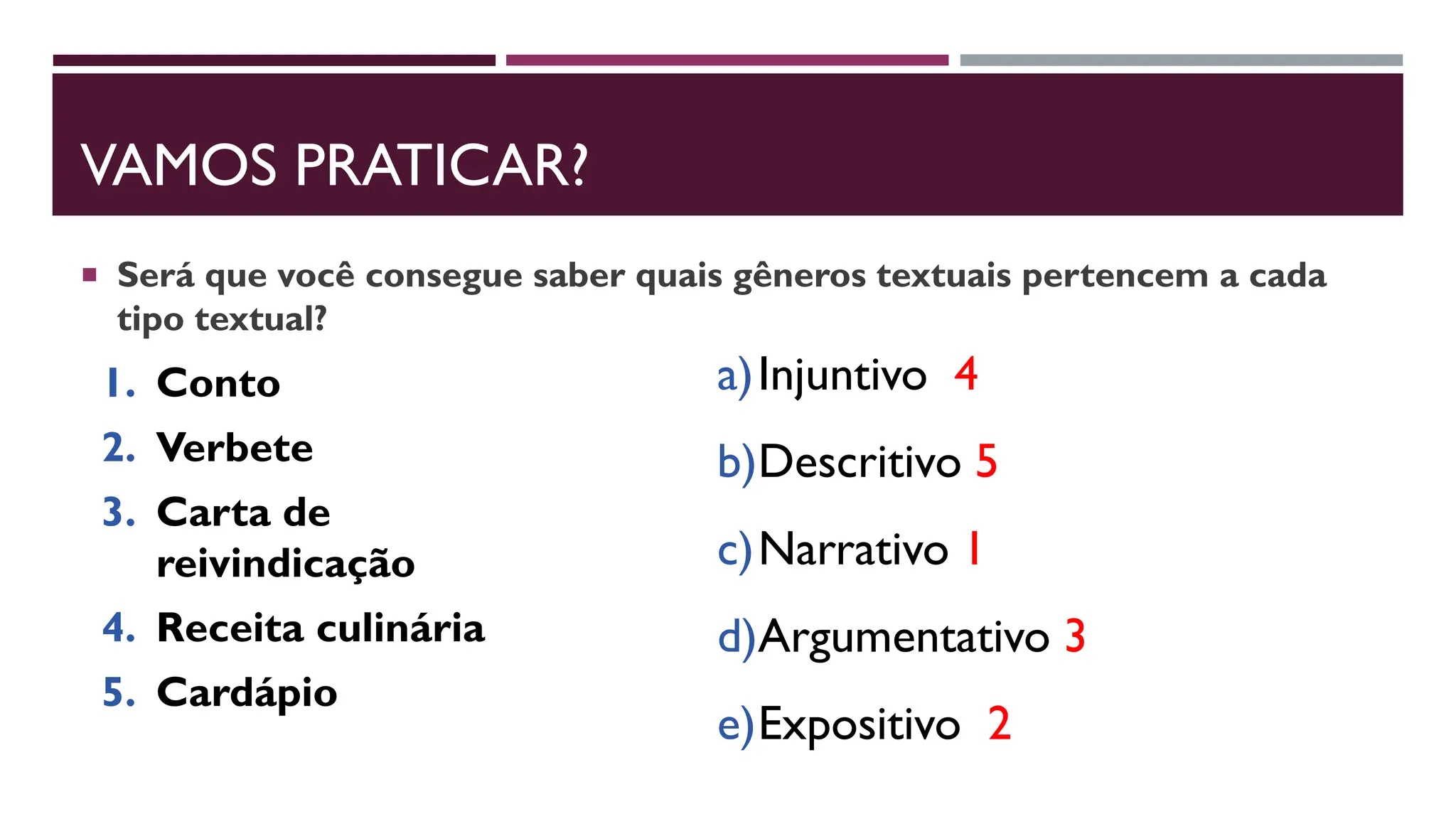 VAMOS PRATICAR?
 Será que você consegue saber quais gêneros textuais pertencem a cada
tipo textual?
1. Conto
2. Verbete
3. Carta de
reivindicação
4. Receita culinária
5. Cardápio
a)Injuntivo 4
b)Descritivo 5
c)Narrativo 1
d)Argumentativo 3
e)Expositivo 2
 