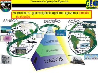 As técnicas de geointeligência apoiam e agilizam a tomada
de decisão
Comando de Operações Especiais
 