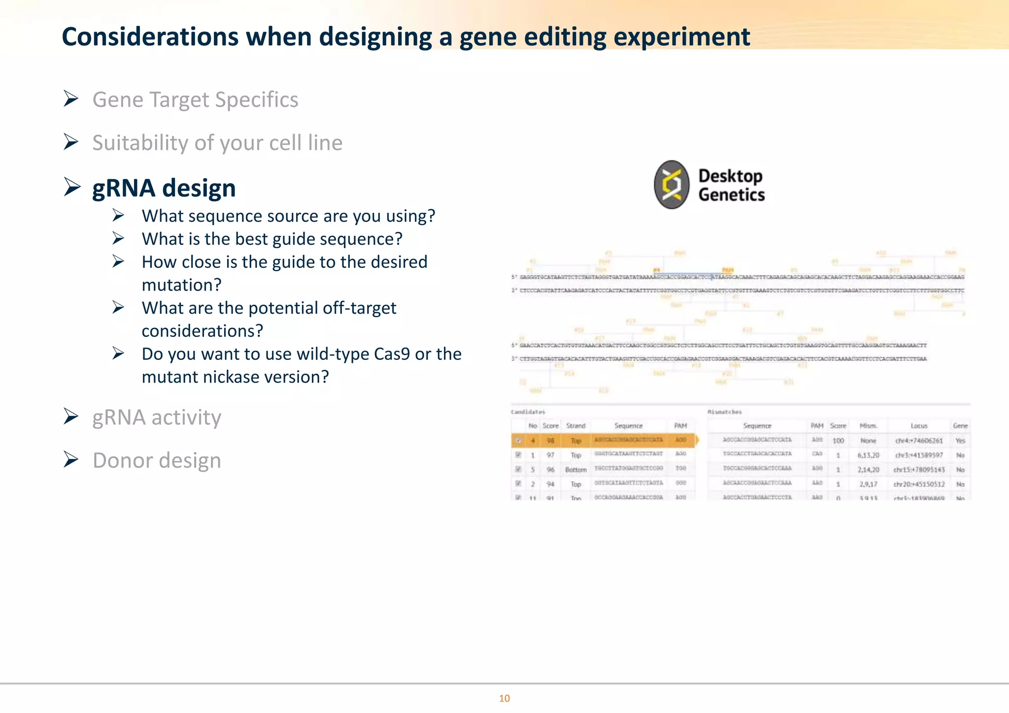 Considerations when designing a gene editing experiment
 Gene Target Specifics
 Suitability of your cell line
 gRNA design
 What sequence source are you using?
 What is the best guide sequence?
 How close is the guide to the desired
mutation?
 What are the potential off-target
considerations?
 Do you want to use wild-type Cas9 or the
mutant nickase version?
 gRNA activity
 Donor design
10
 