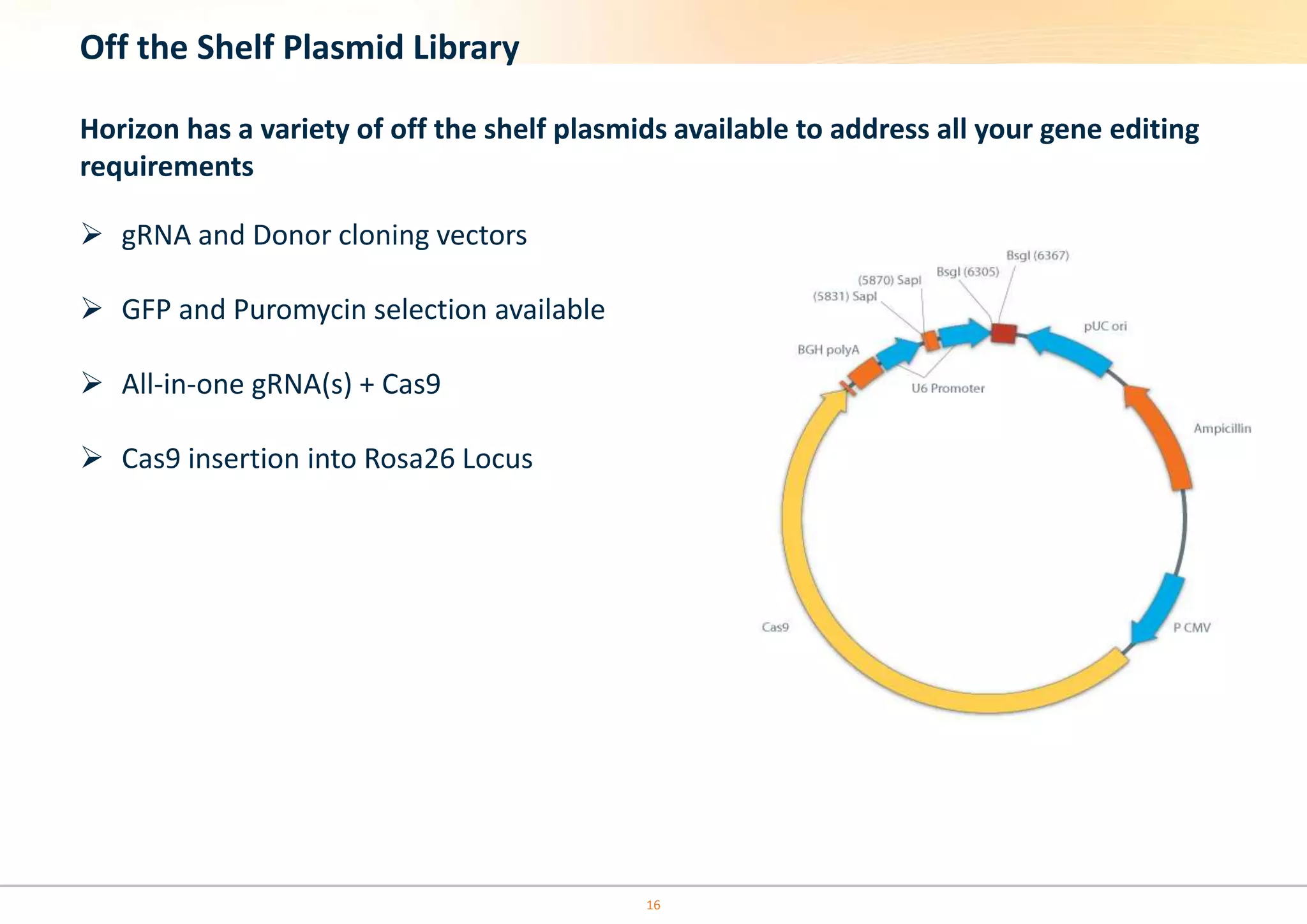16
Off the Shelf Plasmid Library
Horizon has a variety of off the shelf plasmids available to address all your gene editing
requirements
 gRNA and Donor cloning vectors
 GFP and Puromycin selection available
 All-in-one gRNA(s) + Cas9
 Cas9 insertion into Rosa26 Locus
 