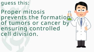 guess this:
Proper mitosis
prevents the formation
of tumors or cancer by
ensuring controlled
cell division.
 