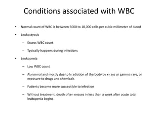 Conditions associated with WBC
• Normal count of WBC is between 5000 to 10,000 cells per cubic millimeter of blood
• Leukoctyosis
– Excess WBC count
– Typically happens during infections
• Leukopenia
– Low WBC count
– Abnormal and mostly due to Irradiation of the body by x-rays or gamma rays, or
exposure to drugs and chemicals
– Patients become more susceptible to infection
– Without treatment, death often ensues in less than a week after acute total
leukopenia begins
 