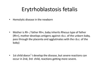 Erytrhoblastosis fetalis
• Hemolytic disease in the newborn
• Mother is Rh- / father Rh+, baby inherits Rhesus type of father
(Rh+), mother develops antigens against r.b.c. of the unborn baby,
pass through the placenta and agglutinates with the r.b.c. of the
baby)
• 1st child doesn’t develop the disease, but severe reactions can
occur in 2nd, 3rd child, reactions getting more severe.
 