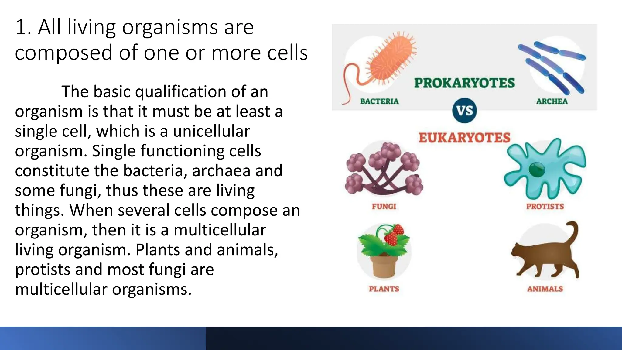 1. All living organisms are
composed of one or more cells
The basic qualification of an
organism is that it must be at least a
single cell, which is a unicellular
organism. Single functioning cells
constitute the bacteria, archaea and
some fungi, thus these are living
things. When several cells compose an
organism, then it is a multicellular
living organism. Plants and animals,
protists and most fungi are
multicellular organisms.
 