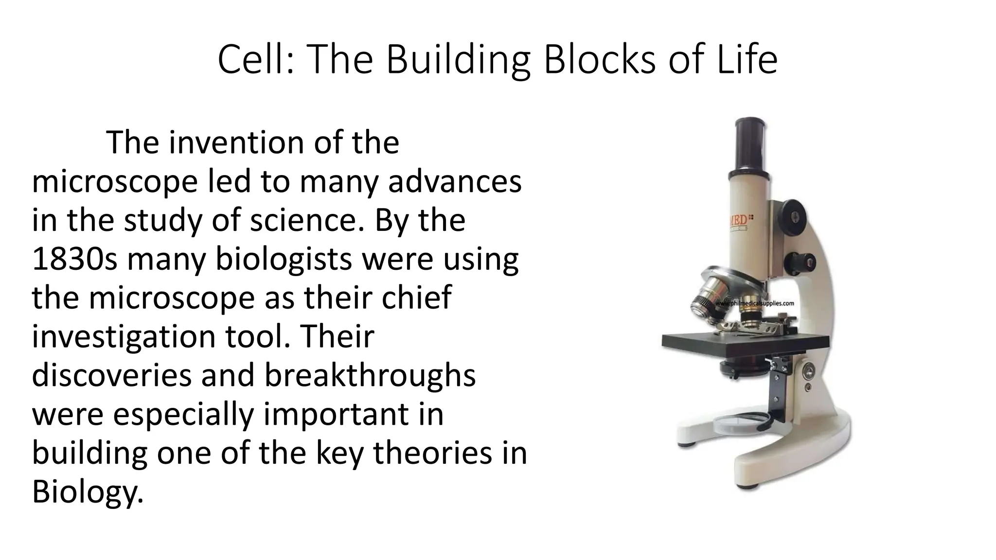Cell: The Building Blocks of Life
The invention of the
microscope led to many advances
in the study of science. By the
1830s many biologists were using
the microscope as their chief
investigation tool. Their
discoveries and breakthroughs
were especially important in
building one of the key theories in
Biology.
 
