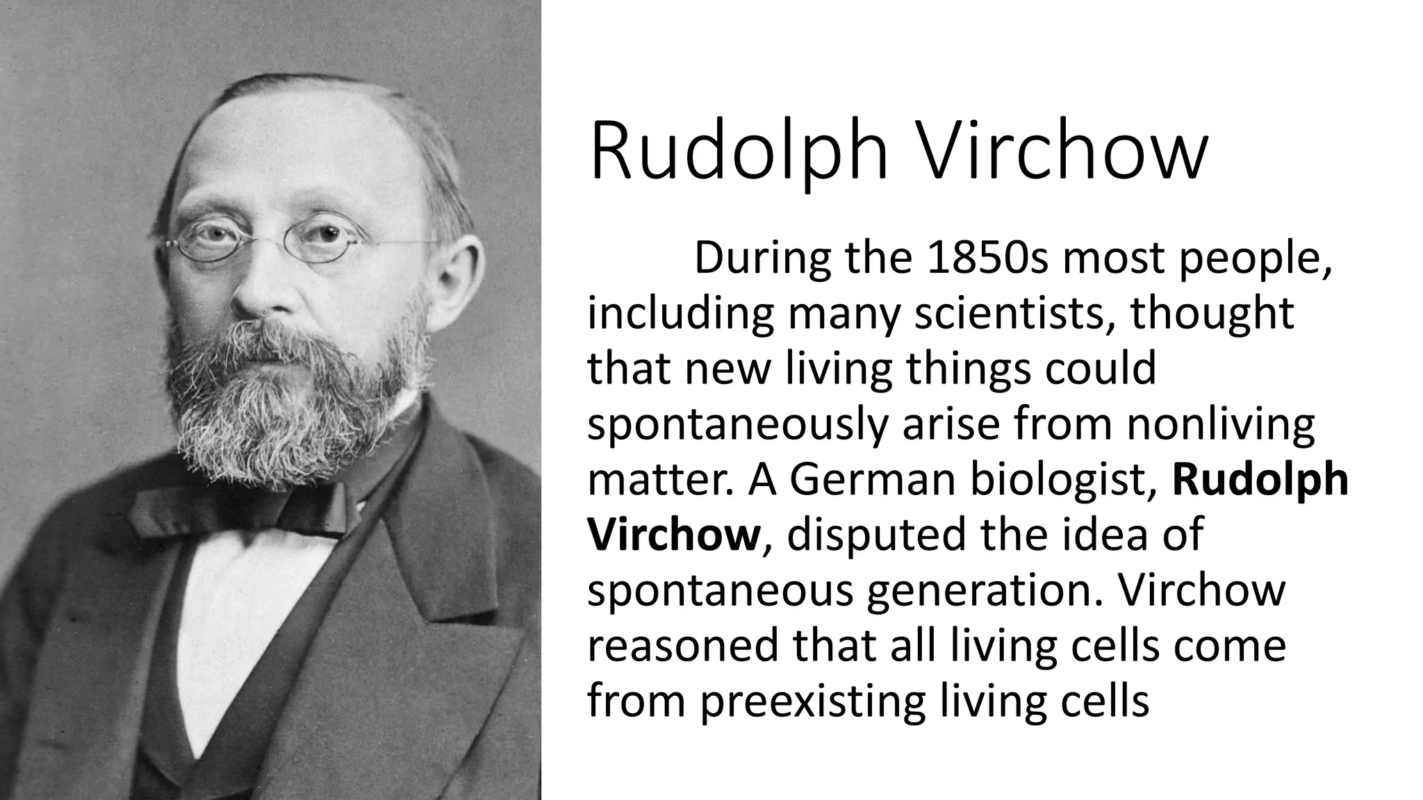 Rudolph Virchow
During the 1850s most people,
including many scientists, thought
that new living things could
spontaneously arise from nonliving
matter. A German biologist, Rudolph
Virchow, disputed the idea of
spontaneous generation. Virchow
reasoned that all living cells come
from preexisting living cells
 