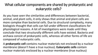 What cellular components are shared by prokaryotic and
eukaryotic cells?
As you have seen the similarities and differences between bacterial,
animal, and plant cells, it only shows that animal and plant cells are
more complex than bacterial cells. Due to structural complexity, many
biologists thought that cells can fall under different classifications for
physiological reasons. A lot of investigations were made until they
conclude that two structurally different cells have existed. Bacteria and
archaea consist of prokaryotic cells, whereas all other forms of life are
composed of eukaryotic cells.
A prokaryotic cell contains nuclear materials not enclosed by a nuclear
membrane (doesn’t have a true nucleus). Eukaryotic cells contain
nuclear materials enclosed by a nuclear membrane (true nucleus)
 