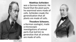 Matthias Schleiden
was a German botanist. He
found that the plant parts
he examined were made of
cells. Schleiden made the
generalization that all
plants are made of cells.
Theodore Schwann,
a German zoologist, made
a microscopic
investigations of animal
parts that led him to
generalize that all animals
are made of cells.
 