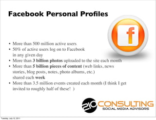 Facebook Personal Proﬁles


        • More than 500 million active users
        • 50% of active users log on to Facebook
          in any given day
        • More than 3 billion photos uploaded to the site each month
        • More than 5 billion pieces of content (web links, news
          stories, blog posts, notes, photo albums, etc.)
          shared each week
        • More than 3.5 million events created each month (I think I get
          invited to roughly half of these!  )




Tuesday, July 12, 2011
 