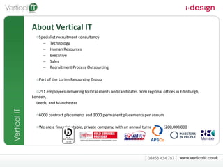 About  Vertical IT Specialist recruitment consultancy Technology  Human Resources  Executive Sales Recruitment Process Outsourcing Part of the Lorien Resourcing Group  251 employees delivering to local clients and candidates from regional offices in Edinburgh, London,  Leeds, and Manchester 6000 contract placements and 1000 permanent placements per annum We are a financial stable, private company, with an annual turnover of £200,000,000 