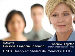2Fit job to personality “Job Sculpting”, Butler & Waldroop, HBR, 1999 (on WebCT)Capable people can do almost any jobSatisfaction depends on aligning job to personality8 different “deeply embedded life interests” (DELIs)long-held, emotionally driven passions, entwined with personalityPeople mainly driven by one to three of these DELIsEven though you may “identify” with all of themThey form in childhood … but express differently with ageChoose a job that matches your DELIs!!!Job consistent with DELIs = Job satisfactionJob satisfaction = Happiness over long term (and maybe  income)