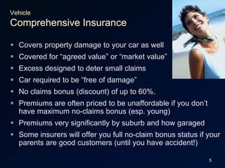 5VehicleComprehensive InsuranceCovers property damage to your car as wellCovered for “agreed value” or “market value”Excess designed to deter small claimsCar required to be “free of damage”No claims bonus (discount) of up to 60%.Premiums are often priced to be unaffordable if you don’t have maximum no-claims bonus (esp. young)Premiums very significantly by suburb and how garagedSome insurers will offer you full no-claim bonus status if your parents are good customers (until you have accident!)