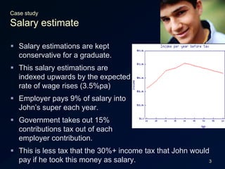 3Case studySalary estimateSalary estimations are keptconservative for a graduate.This salary estimations areindexed upwards by the expectedrate of wage rises (3.5%pa)Employer pays 9% of salary intoJohn’s super each year.Government takes out 15%contributions tax out of eachemployer contribution.This is less tax that the 30%+ income tax that John would pay if he took this money as salary.