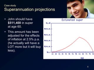 5Case studySuperannuation projectionsJohn should have $511,400 in superat age 60.This amount has been adjusted for the effects of inflation at 2.5% p.a. (he actually will have a LOT more but it will buy less).
