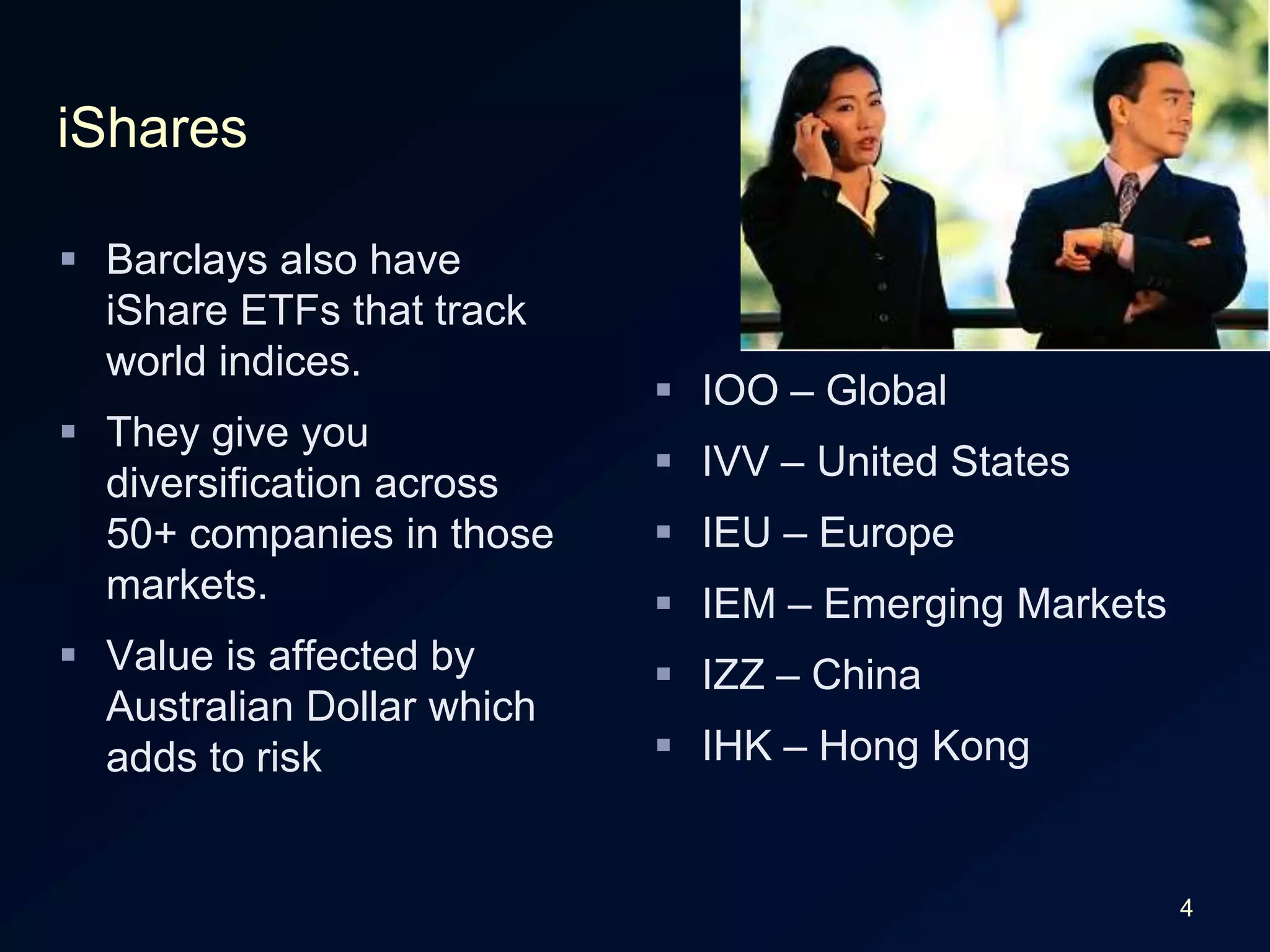 iSharesBarclays also have iShare ETFs that track world indices.They give you diversification across 50+ companies in those markets.Value is affected by Australian Dollar which adds to riskIOO – GlobalIVV – United StatesIEU – EuropeIEM – Emerging MarketsIZZ – China IHK – Hong Kong4