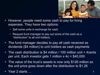 5However, people need some cash to pay for living expenses. They have two options:Sell some units in exchange for cashRequest fund manager to pay out some of the cash as a “distribution” to all unit holders.The fund manager decides to pay all cash received as dividends ($4 million) to unit holders as cash paymentsThe cash distribution is $4 million / 100 million unit = 4cents per unit. Each investor gets 1 million x 4c = $40,000The value of the trust’s assets is now only $126 million so the unit price goes down after the distribution to $1.26Year 2 starts …