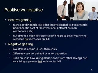 8Positive vs negativePositive gearingInterest or dividends and other income related to investment is more than the cost of the investment (interest on loan, maintenance etc)Investment is cash flow positive and helps to cover your living expenses but increases tax billNegative gearingInvestment income is less than costsDifference can be claimed as a tax deductionDrain on cash flow taking money away from other savings and from living expenses but reduces tax bill