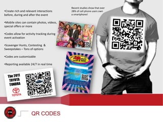 Recent studies show that over
•Create rich and relevant interactions      28% of cell phone users own
before, during and after the event          a smartphone!


•Mobile sites can contain photos, videos,
special offers or more

•Codes allow for activity tracking during
event activation

•Scavenger Hunts, Contesting &
Sweepstakes – Tons of options

•Codes are customizable

•Reporting available 24/7 in real time




                     QR CODES
 