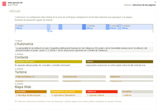 s

12

www.gencat.net
guia d’estil

retícula | estructura de les pàgines

retícula
L’estructura i la configuració dels mòduls de la zona de continguts s’adaptarà en funció dels elements que apareguin a la pàgina.
Exemple de disposició regular de mòduls
1 mòdul
736 px

2 mòduls
358 px

3 mòduls
232 px

20 px

1 mòdul

2 mòduls

3 mòduls

4 mòduls

" Totes les estructures modulars s’han de dissenyar i aplicar segons els criteris gràfics establerts en aquest manual.

4 mòduls
169 px

 