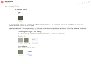 s

22

www.gencat.net
guia d’estil

recursos gràfics | color

recursos gràfics
3.1.2. Textos i enllaços
Text
Color dels textos:

535847

#

Llegendes, peus de pàgina i notes al marge
El criteri de color que s’aplica sobre aquests textos depèn de la rellevància de cada cas.
Els colors són:

B1B1B1

818871 #

Títols de pàgina
Color aplicat als títols de pàgina:

818871 #

 