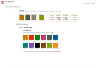 s

23

www.gencat.net
guia d’estil

recursos gràfics | color

recursos gràfics
Enllaços
A tots els enllaços s’aplicarà el color que correspongui segons el seu estat:
inactiu

ressaltat

A17400

seleccionat

535847

inactiu

visitat

818871

ressaltat

949600 #

3.1.3. Menús i botons:
3.1.3.1. Menú principal
Fons dels títols
Variables de color aplicables als títols del menú principal.
1

2

3

B78100
7

CC2E00
8

498100

008172

6E4EB8

000000

4

5

6

9

A3416A
10

535847
11

1B5BA3
12 *

77471D

8CA700

E08F00 #

* Correspondències d'iconografia (veure també l'apartat iconografia).

seleccionat

visitat

 